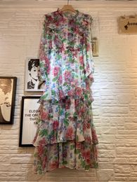Summer one-piece type a retro elegant artificial silk dress womens ruffled long sleeve printed dress