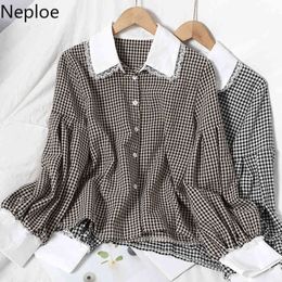 Neploe Patchwork Plaid Blouses Women Turn-down Collar Long Sleeve Shirts Patchwork Lace Blouse Korean Fashion Tops Female 4G779 210422