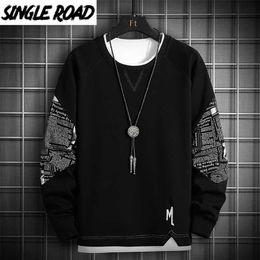 Single Road Crewneck Sweatshirt Men Spring Harajuku Oversized Japanese Streetwear Black Hoodie Sweatshirts Hoodies Male 211230