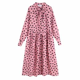 Wave Dot Printing Women Stand Collar Bow Tie Pleated Midi Dress Autumn Leisure lady Long Sleeves Loose Dresses D3387 210430