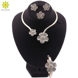 Nigeria Exaggerated Crystal Necklace Earrings Charm Bride Earrings Ring for Women Party Gift Fashion Flower Shape Jewellery Sets H1022