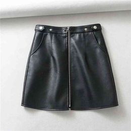 black faux leather mini skirts front zipper high waist Korean style streetwear winter clothes 210421