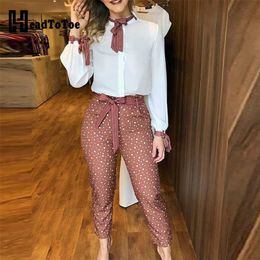 Tied Detail Top & Polka Dot Print Pants Set Casual Women Two Piece Outfits Office Workwear 211105