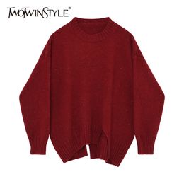 TWOTWINSTYLE Solid Split Red Sweater For Women O Neck Long Sleeve Casual Oversized Sweaters Female Fashion Clothing Autumn 210517