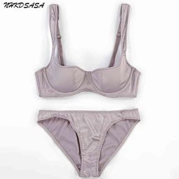NXY sexy set NHKDSASA Thin Cup Sexy Smooth And Traceless Women's Bra Set Wide Shoulder Strap Push Up 1/2 Half Panties Lingerie 1127
