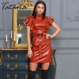 spring Streetwear PU leather women dress O-neck belt high waist plus size ruffles black mini es ladies solid bodycon 210514