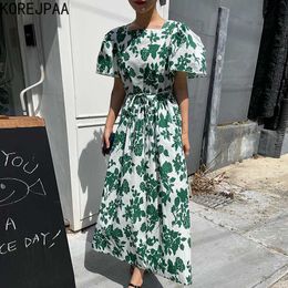 Korejpaa Women Dress Summer Korean Chic French Elegant Western Style Square Neck Lace-Up Waist Floral Puff Sleeve Vestidos 210526