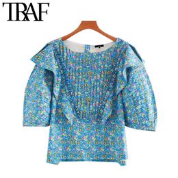 TRAF Women Fashion Floral Print Ruffled Blouses Vintage Puff Sleeves Back Lace-up Female Shirts Blusas Chic Tops 210415