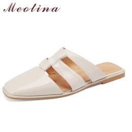 Meotina Mules Slippers Shoes Women Genuine Leather Sandals Flat Slides Square Toe Cow Leather Ladies Footwear Summer Beige 210608