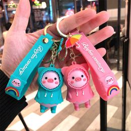 Cute 3D Raincoat Pig Keychain Strap Kawaii Cartoon Animal Silicone Bag Backpack Pendant Women Men Girl Ladies Key Chain Pet Gift G1019