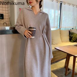 Nomikuma Women Autumn Winter Baisc Knitted Dresses New Korean V-neck Long Sleeve Sweater Dress Causal Solid Vestidos 6C432 210427