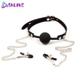 Nxy Adult Toys Hot Erotic Open Mouth Gag Ball with Nipple Clamps Bdsm Bondage Stuffed Silicone Sex for Women 1207