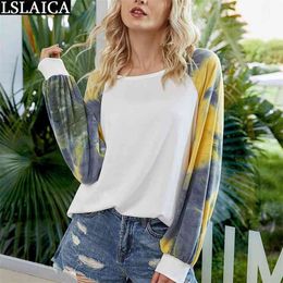 Casual Long Sleeve Tshirt Tie-Dye Patchwork Loose t-Shirt Fashion Streetwear Women Office Homewear Ladies Tops Ropa Mujer 210515