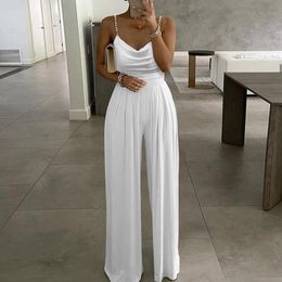 Women's Jumpsuits & Rompers Women Long Pants Lady Loose Sexy Soild Pearl Sling Top Wide Leg Bodysuit Female Spring Autumn Jumpsuit