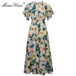Fashion Designer Female dress Summer Women's Dress Short sleeve Beaded Camellia Floral-Print lace-up Vacation Dresses 210524
