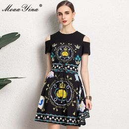 Summer Fashion Runway Designer Dresses Women's O-neck Beading Floral printing Black Vintage Mini Dress 210524