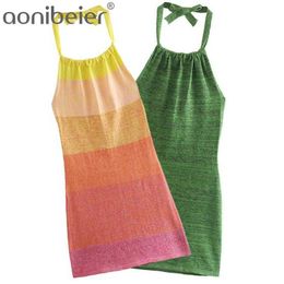 Rainbow Knit Casual Holiday Beach Dress Summer Sleeveless Backless Halter Neck Women Bodycon Mini Slim Green 210604