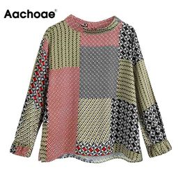 Aachoae Vintage Printed Patchwork Blouse Women Loose Stand Collar Office Shirt Long Sleeve Casual Tunic Tops Camisas Mujer 210413