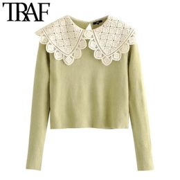 TRAF Women Sweet Fashion Lace Patchwork Cropped Knitted Sweater Vintage Long Sleeve Female Pullovers Chic Tops 210415