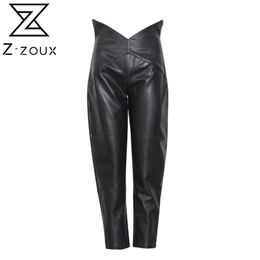 Women Pant High Waist Pu Leather Pants Irregular Vintage Ankle-length Black Trousers Fashion 210513