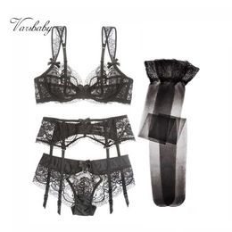 Briefs Panties Varsbaby sexy lace bow underwear unlined bra sets 4 Pcs/Lots bra+panty+garter+stockings L2404