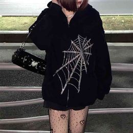 Gothic Black Punk Hooded Women Fairy Grunge Dark Academia Jacket Coat Harajuku Zipper Sweatshirts Emo Alt Clothing 210728