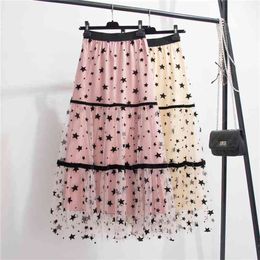 Summer Women Mesh Tulle Skirts Elastic High Waist Print Long Female A-line Maxi Femme 210519