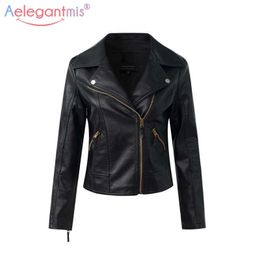 Aelegantmis Classic Black PU Leather Jacket Women Cool Slim Short Motorcycle Jackets Ladies Autumn Coat Basic Street Outerwear 210607