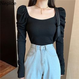 Neploe T Shirts Women Solid Square Collar Long Puff Sleeve Female Tops Summer Casual Slim Fit Cotton Ladies Tees 1C167 210423