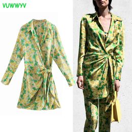 VUWWYV Wrap Dress Woman Green Print Pleated Short Dresses Women Summer Long Sleeve Going Out Ladies Mini Vintage 210430