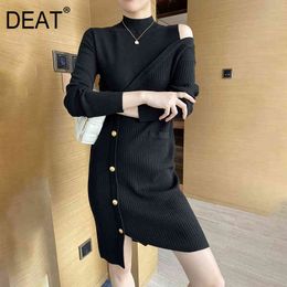 Spring Summer Fashion Casual Fake Two Pieces Of Straddle Off Shoulder Irregular Knitted Pocket Dress Women SH786 210421