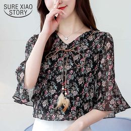 Fashion women blouse and tops ladies tops harajuku chiffon blouse V-Neck Floral Half Flare Sleeve blouse shirts 2696 50 210527