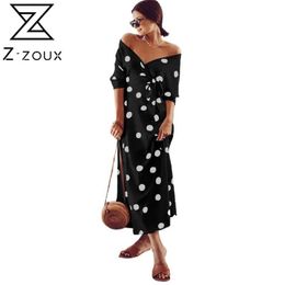 Women Dress Dot Printing Bohemian Long Sleeve Off Shoulder Maxi es Lace Up High Waist Slim es Summer 210513