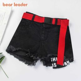 Bear Leader Girls Kids Fashion Shorts Summer Baby Girl Denim Pants Toddler Red Sashes Pant Children Clothes For 3-7Y 210708