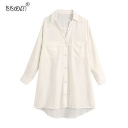 Women Fashion Pockets Oversized Linen Blouses Vintage Lapel Collar Long Cuffed Sleeves Female Shirts Chic Tops 210520
