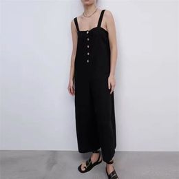 Women Summer Black Loose Jumpsuit Rompers ZA Sleeveless Buttons Cotton Linen Female Vintage Wide Leg Playsuit Overalls 210513