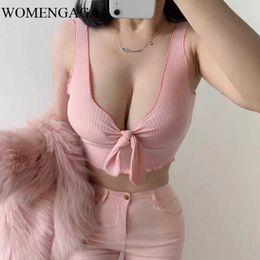 Low Chest V-neck Top Women's Sexy Nightclub Style Sleeveless Off Shoulder Short Tank With Cut-out Lace Up Pink T7Y8 210603