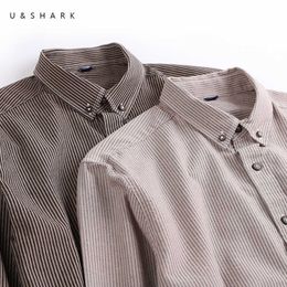 U&SHARK Thin Striped Shirt for Men 100% Cotton Clothing Brown Casual Shirts Regular Fit Long Sleeve Formal Shirts Stylish Japan 210603