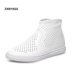 Breathable Hollow Summer Boots Women's Sandals Flat Casual Shoes White Genuine Leather Women