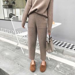 Women Autumn Winter Knitted Sweater 2 Two Piece Set Casual Tracksuit Round Collar Jumpers with High Waist Wide Leg Pants Y0625