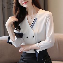 Autumn Chiffon Shirt Women Blouse Ladies Tops V-neck Button Up Blouses Loose Long Sleeve Shirts 5710 50 210417