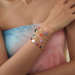 pearl flower beads Canada - Beaded, Strands RS Daisy Flower Colorful Beads Stone Pearl Strand Charm Bracelet Boho Handmade Woven Wristlets For Women Jewelry 4 Pcs set