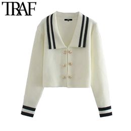 TRAF Women Fashion With Metal Buttons Cropped Knitted Cardigan Sweater Vintage Long Sleeve Female Outerwear Chic Tops 210415