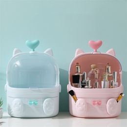 Cat Shape Transparent Makeup Organiser Cute Cosmetic Storage Box Student Desktop Girl Beauty Christmas gift 211102