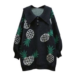 Women Sweater Knitted Long Sleeve Black Pineapple Think Pullovers Autumn Winter Turn Down Collar M0188 210514