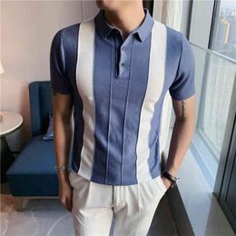 Quality Fashion Spring Summer Short Sleeve Knitted Men Polo Shirts Business Casual Slim Fit Stretched Striped Polos Homme 210401
