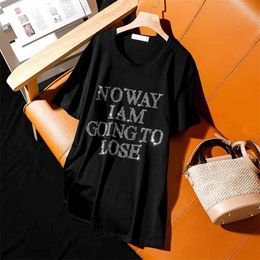Summer Europe style new fashion loose plus size short-sleeve T-shirt for women personality letter hot diamonds female tops 210401