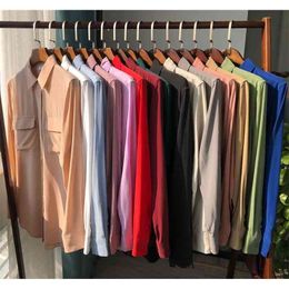 100% Silk Women Long Sleeve OL Shirt Double Pockets Soft ladies office wear Blouse Top 210410