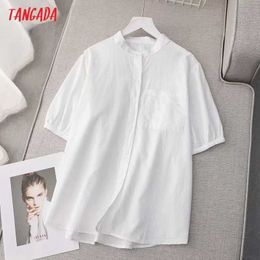 Tangada Women White Summer Cotton Shirts Short Sleeve Solid Elegant High Street Ladies Blouses ZE10 210609