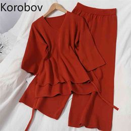 Korobov New Chic Knit Tops and Knitted Pants 2 Pieces Sets Korean Loose Casual V Neck Short Sleeve T Shirt and Wide Leg Trousers 210430